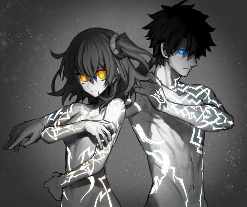 1girl blue_eyes command_spell covering covering_breasts covering_nipples fate/grand_order fate_(series) fujimaru_ritsuka_(female) fujimaru_ritsuka_(male) glowing glowing_eyes grey_background highres magic_circuit monochrome navel nude routo short_hair side_ponytail simple_background spot_color tattoo upper_body yellow_eyes