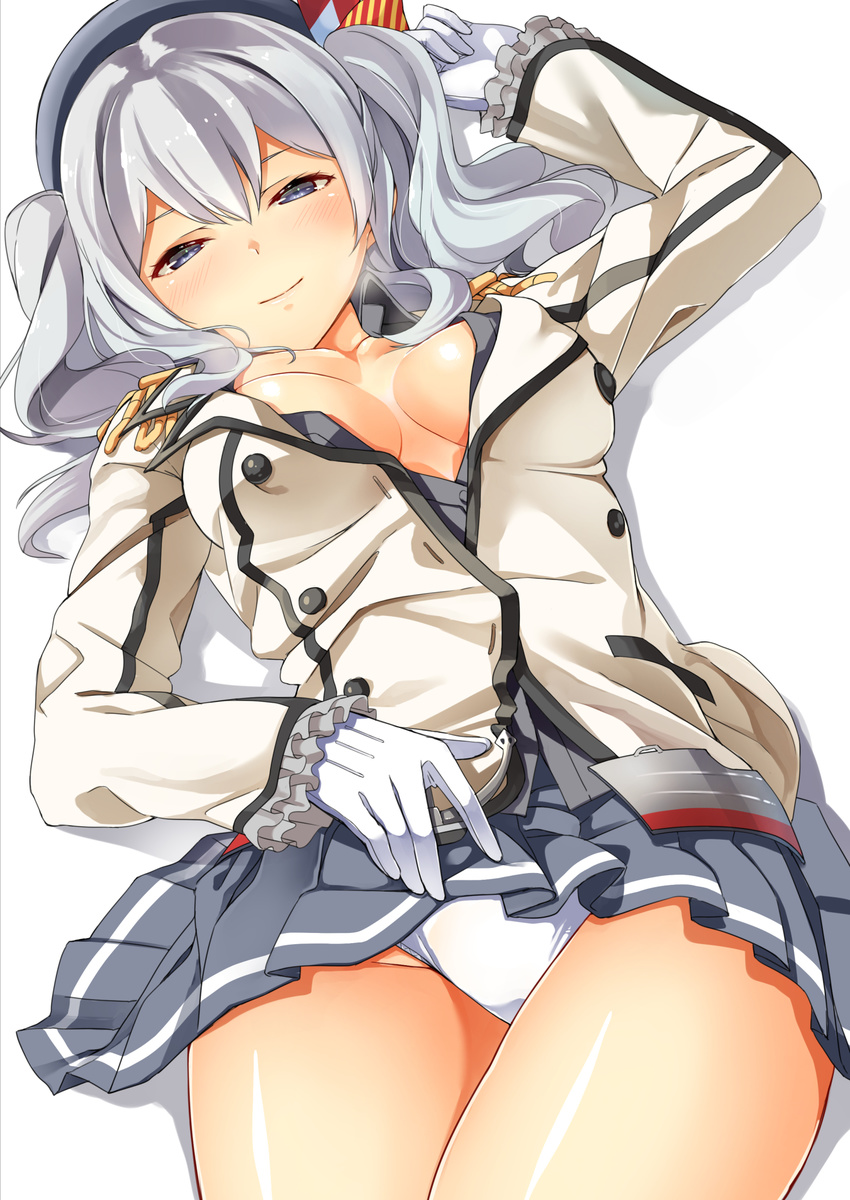 beret blush breasts buttons byte_(allbyte) epaulettes frilled_sleeves frills gloves grey_eyes grey_hair hat highres jacket kantai_collection kashima_(kantai_collection) large_breasts looking_at_viewer lying military military_uniform miniskirt on_back panties pleated_skirt sidelocks skirt smile solo twintails unbuttoned underwear uniform wavy_hair white_gloves white_panties