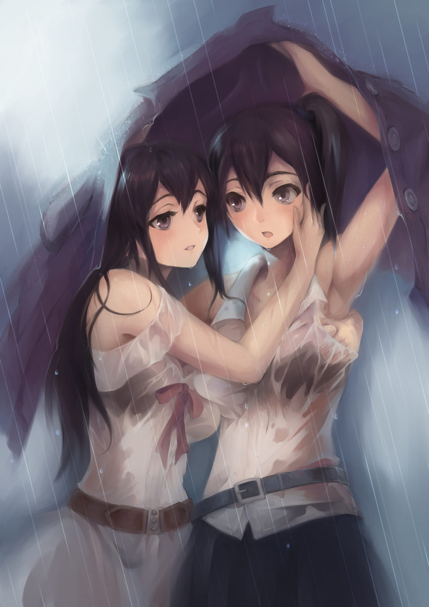 akagi_(kantai_collection) alternate_costume arm_up belt black_hair breasts bzerox casual dated dress grey_eyes groping highres jacket jacket_removed jewelry kaga_(kantai_collection) kantai_collection light_smile long_hair medium_breasts multiple_girls open_mouth parted_lips rain ring shared_clothes side_ponytail wet yuri