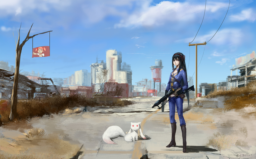 akemi_homura artist_name bare_tree belt black_footwear black_hair blackrabbitsoul blue_sky bodysuit boots breasts broken building cloud day dual_wielding dust fallout fallout_4 gun hair_ribbon handgun highres holding holding_gun holding_weapon kaname_madoka knee_boots kyubey legs_apart long_hair looking_at_viewer mahou_shoujo_madoka_magica outdoors parody pip_boy power_lines ribbon rifle shadow sketch sky small_breasts standing thumbs_up tree utility_pole vault_suit very_long_hair wallpaper weapon