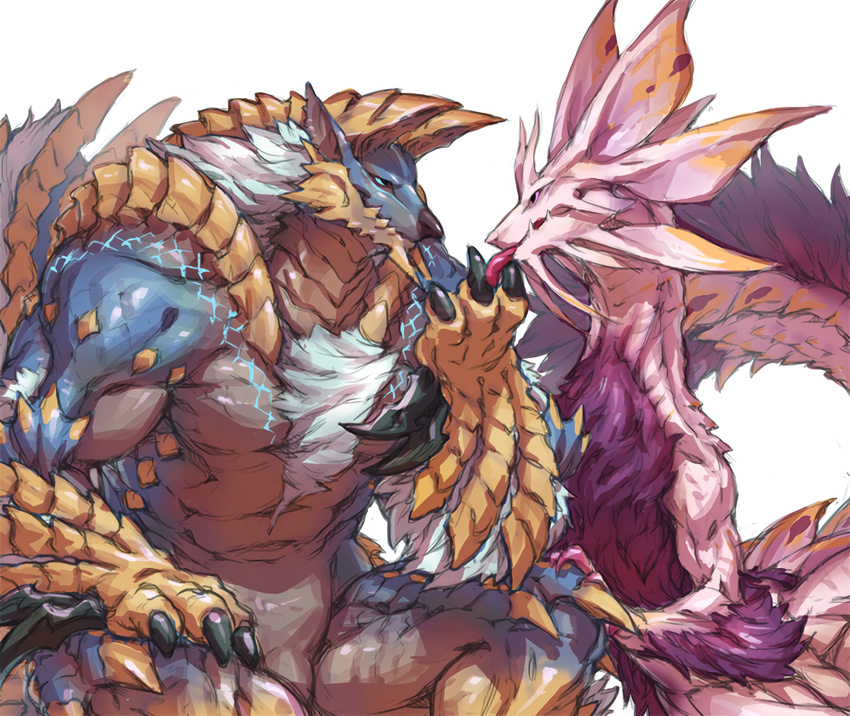 ambiguous_gender anthro blue_eyes capcom claws dragon duo eye_contact fanged_wyvern feral hand_on_thigh jacketbear leviathan licking monster_hunter muscular pink_eyes simple_background smile tamamitsune tongue tongue_out video_games white_background wyvern zinogre 山藥人