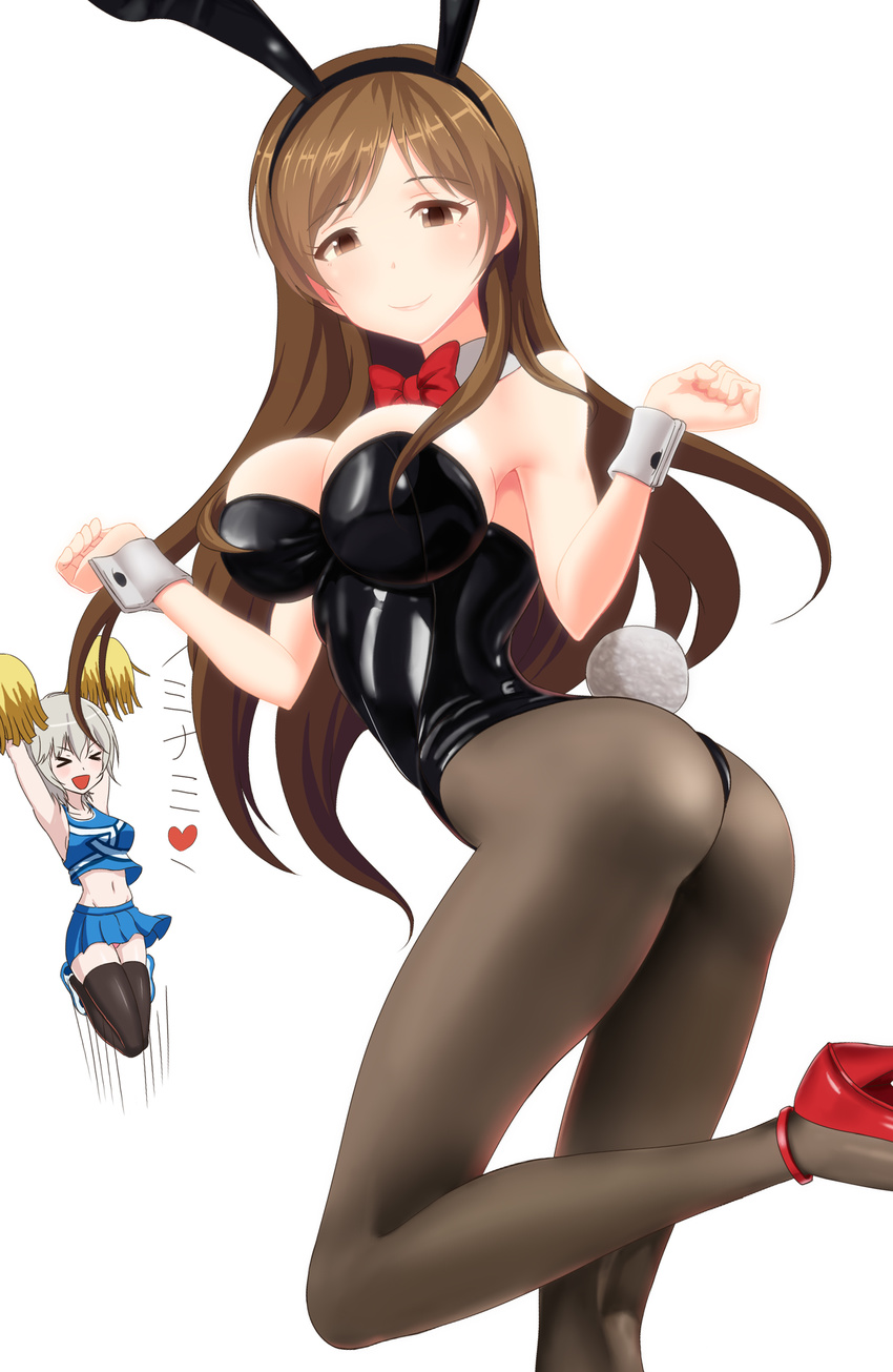 &gt;_&lt; :d anastasia_(idolmaster) animal_ears arms_up ass bare_shoulders black_legwear blush bow bowtie breasts brown_eyes brown_hair bunny_ears bunny_girl bunny_tail bunnysuit cheerleader cleavage closed_eyes detached_collar from_behind highres idolmaster idolmaster_cinderella_girls large_breasts long_hair looking_at_viewer looking_back love_laika midriff multiple_girls navel nitta_minami open_mouth pantyhose pom_poms short_hair silver_hair skirt smile tail taka_(takahirokun) thighhighs twisted_torso wrist_cuffs xd