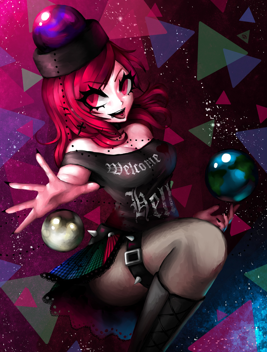 bare_shoulders belt black_hat black_nails black_shirt blood boots breasts chain checkered checkered_skirt choker cleavage clothes_writing cross cross_earrings earrings earth_(ornament) floating floating_object hat hecatia_lapislazuli highres hiyoko_risu illuminati jewelry knee_boots lip_piercing looking_at_viewer medium_breasts moon_(ornament) nail_polish off_shoulder open_hand open_mouth outstretched_hand pantyhose piercing pleated_skirt polos_crown punk red_eyes red_hair shirt short_hair skirt solo space spiked_belt spikes star_(sky) teeth thighs tongue_piercing touhou triangle