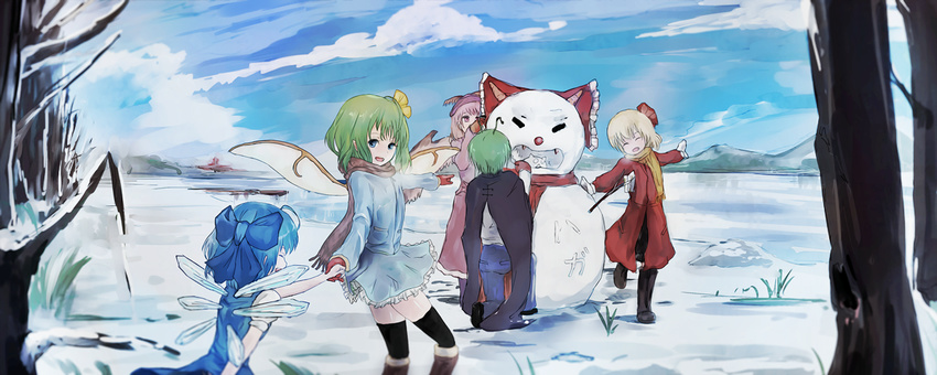 antennae bad_id bad_pixiv_id bird_wings black_legwear blonde_hair blue_dress blue_eyes blue_hair blue_sky boots bow cape cirno closed_eyes cloud daiyousei day dress dyolf fairy_wings fangs gloves green_hair hair_bow hair_ribbon hat ice ice_wings lake long_sleeves multiple_girls mystia_lorelei oni_horns outstretched_arms pink_eyes pink_hair ribbon rumia scarf scarlet_devil_mansion side_ponytail sky snow snowman team_9 thighhighs thighs touhou wings winter_clothes wriggle_nightbug