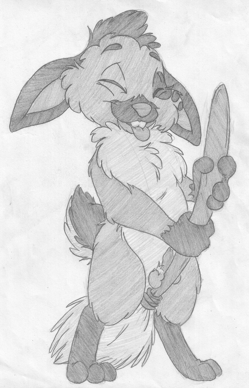 balls broom buckteeth digitigrade erection eyes_closed greyscale grinding lagomorph male mammal mizzyam monochrome pencil_(artwork) penis rabbit semi-anthro small_penis smile solo spotted_bunny standing teeth tongue tongue_out traditional_media_(artwork)