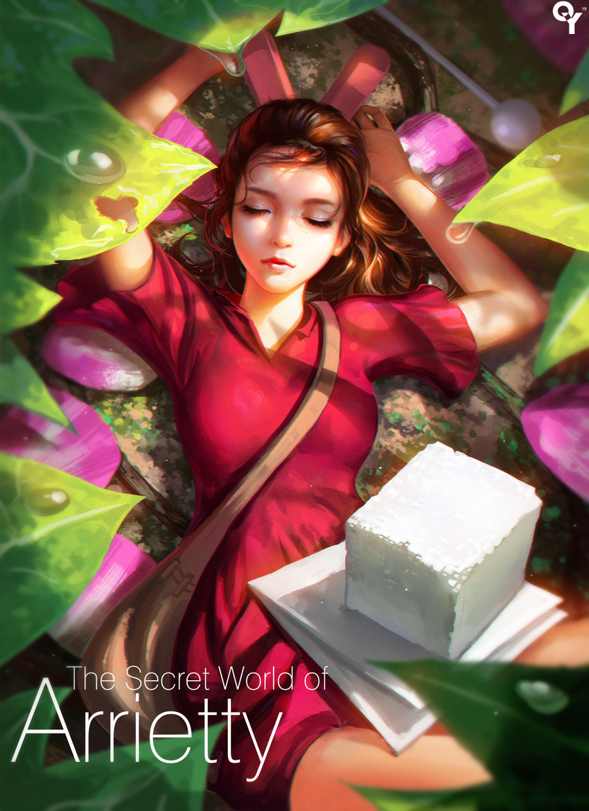 arrietty bag breasts brown_hair closed_eyes clothes_pin copyright_name dew_drop dress english eyebrows eyelashes flower highres karigurashi_no_arrietty leaf liang_xing lips long_hair lying medium_breasts minigirl nose on_back paper petals pin ponytail red_dress shoulder_bag solo sugar_cube text_focus water water_drop