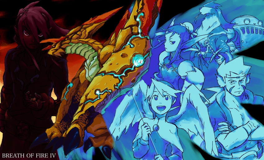 breath_of_fire breath_of_fire_iv capcom cray_(breath_of_fire) degarashi_(ponkotsu) dragon dress ershin fou-lu highres long_hair medium_breasts multiple_boys multiple_girls nina_(breath_of_fire_iv) ryuu_(breath_of_fire_iv) scias short_hair ursula_(breath_of_fire) wings