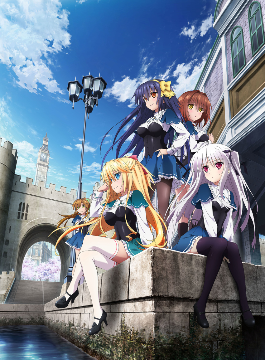 absolute_duo absurdres black_hair black_legwear black_ribbon blonde_hair blue_eyes blue_skirt breasts brown_hair cloud day gloves hair_ribbon highres hotaka_miyabi kouryou_academy_uniform large_breasts lilith_bristol long_hair medium_breasts multiple_girls nagakura_imari orange_eyes outdoors pantyhose red_eyes red_ribbon ribbon silver_hair skirt sky small_breasts tachibana_tomoe_(absolute_duo) thighhighs water white_legwear yellow_eyes yurie_sigtuna