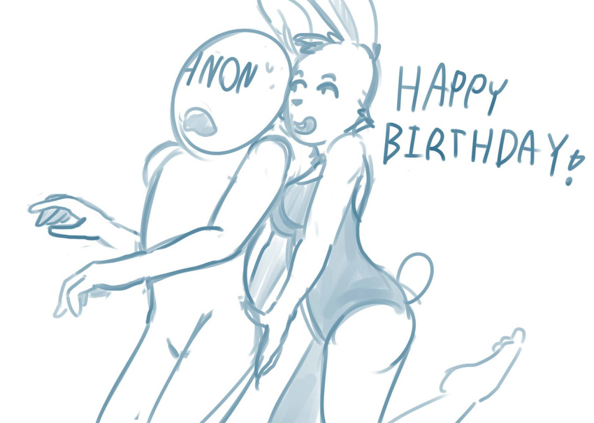 anon butt_touching duo english_text female fishboner_(artist) happy human lagomorph male mammal open_mouth rabbit simple_background sketch smile suggestive surprise tagme text white_background yelling