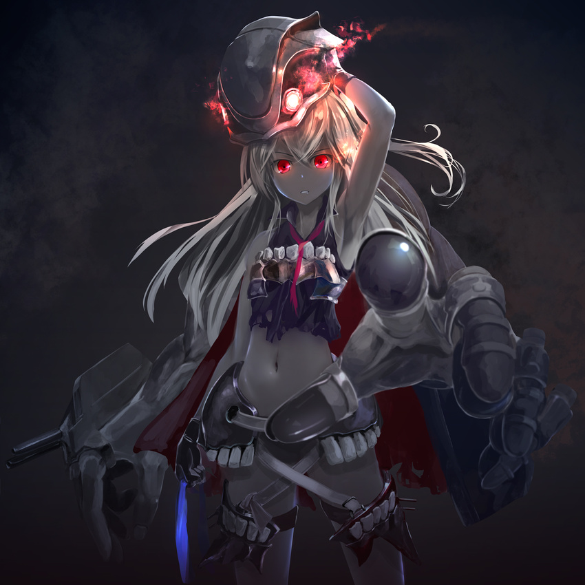 arm_at_side arm_up armpits bangs belt black_background black_gloves buckle cannon cowboy_shot crop_top destroyer_water_oni gloves glowing glowing_eyes grey_skin hair_between_eyes hand_on_headwear headgear highres kantai_collection kouji_(astral_reverie) long_hair looking_at_viewer midriff multiple_arms navel reaching red_eyes ribbon shinkaisei-kan sleeveless solo teeth thigh_strap turret very_long_hair white_hair