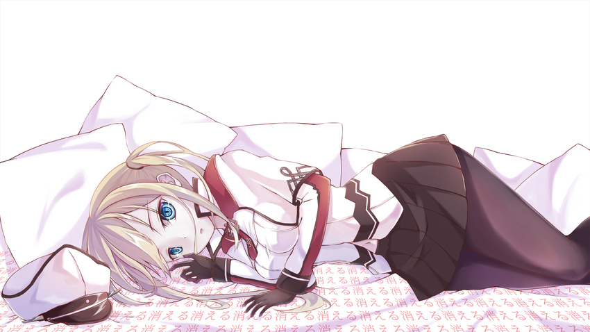 black_gloves black_legwear black_skirt blonde_hair blue_eyes breasts capelet celtic_knot collar dying_(dying0414) expressionless gloves graf_zeppelin_(kantai_collection) hair_ribbon hat hat_removed headwear_removed highres iron_cross kantai_collection large_breasts lying md5_mismatch military military_uniform miniskirt navel necktie on_side pantyhose parted_lips peaked_cap pillow pleated_skirt ribbon short_hair skirt solo two_side_up uniform