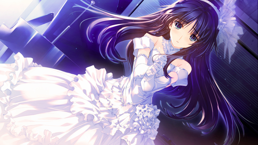 black_hair blue_eyes breasts dress elbow_gloves game_cg gloves good_end hair_ornament hairband long_hair looking_at_viewer nakamura_takeshi small_breasts solo touma_kazusa white_album_2 white_dress