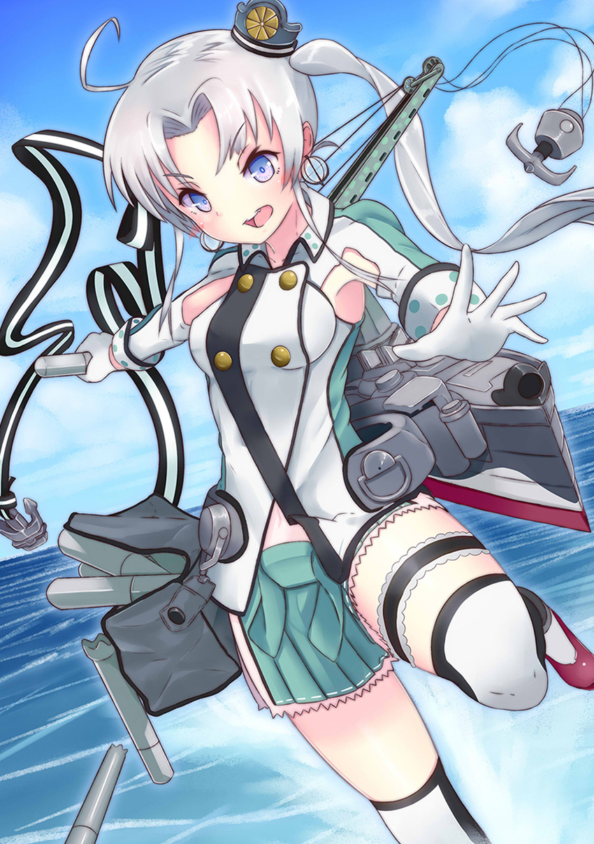 absurdres ahoge akitsushima_(kantai_collection) anchor armpit_cutout bag beriko_(dotera_house) breasts buttons cloud commentary_request crane day earrings fanny_pack garters gloves hair_ornament hair_ribbon hat highres jacket jewelry kantai_collection leg_up long_hair machinery military military_uniform mini_hat miniskirt ocean open_mouth pleated_skirt purple_eyes ribbon side_ponytail silver_hair skirt sky small_breasts solo thighhighs torpedo uniform water white_gloves