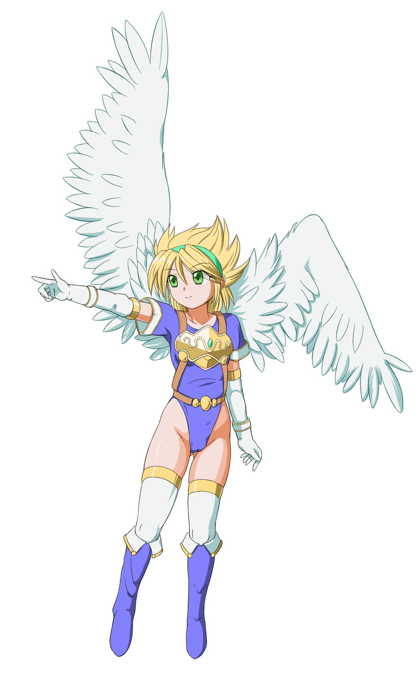 alternate_costume angel_wings armor blonde_hair blue_leotard boots breasts breath_of_fire breath_of_fire_i cameltoe full_body gloves green_eyes hairband highres large_wings leotard murasaki2007 nina_(breath_of_fire_i) older pointing short_hair small_breasts solo thighhighs white_background white_wings wings