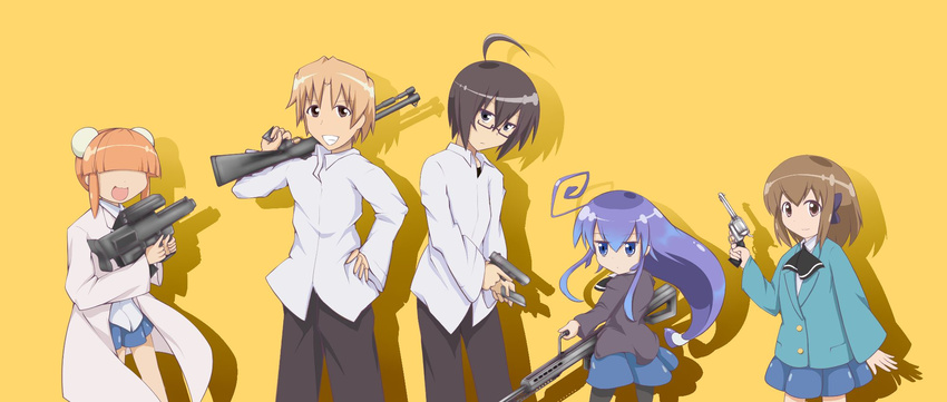 3girls acchi_kocchi ahoge blue_eyes blue_hair gun haruno_hime highres inui_sakaki jinnseikkhototogisu katase_mayoi long_hair miniwa_tsumiki multiple_boys multiple_girls otonashi_io weapon