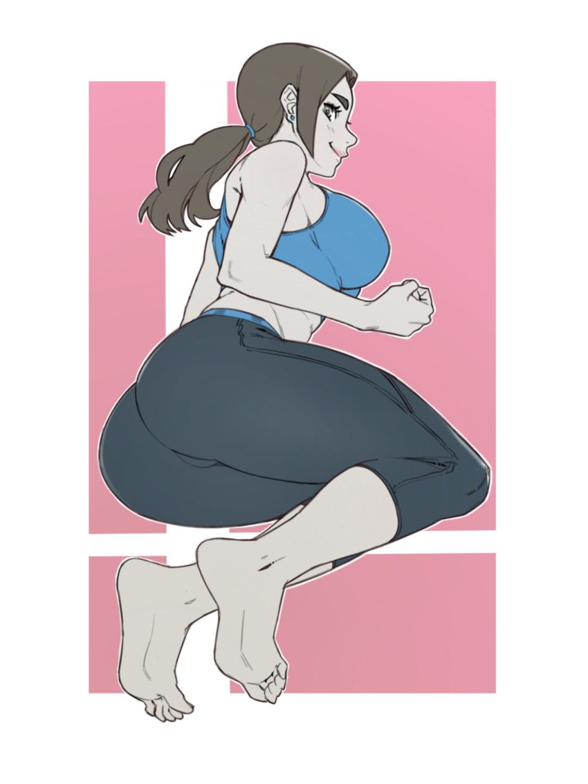 1girl ass barefoot black_hair capri_pants grey_eyes highres kevvv long_hair looking_at_viewer nintendo pants ponytail simple_background solo super_smash_bros. super_smash_bros._ultimate tank_top white_skin wii_fit wii_fit_trainer