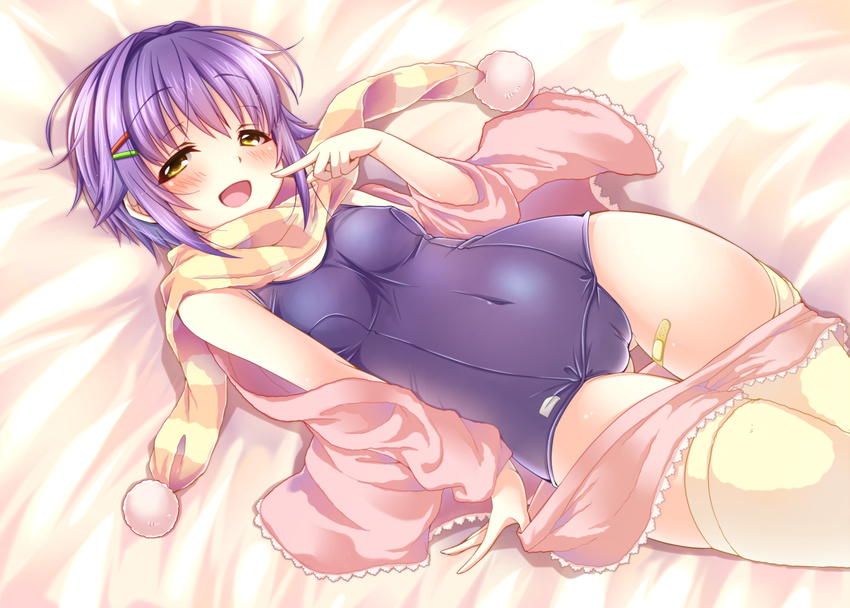 :d bandaid bandaid_on_leg blush brown_eyes emu_(trigger) finger_to_mouth hair_ornament hairclip idolmaster idolmaster_cinderella_girls koshimizu_sachiko looking_at_viewer lying navel on_back one-piece_swimsuit open_clothes open_mouth open_shirt purple_hair scarf school_swimsuit shirt short_hair shorts shorts_pull smile solo swimsuit swimsuit_under_clothes thighhighs white_legwear