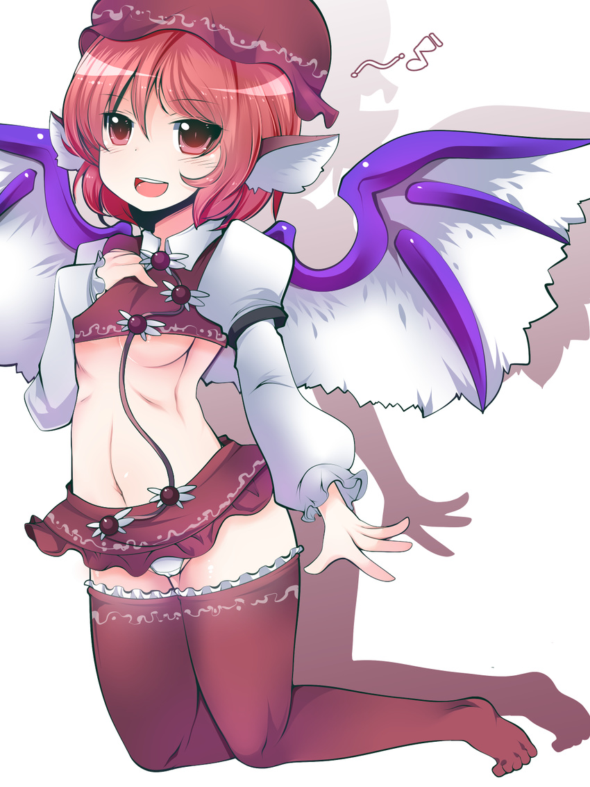 adapted_costume animal_ears areola_slip areolae blush breasts doku_corne full_body hat highres mystia_lorelei navel open_mouth panties pink_hair purple_legwear red_eyes short_hair simple_background skirt small_breasts smile solo thighhighs touhou underboob underwear white_background white_panties wings