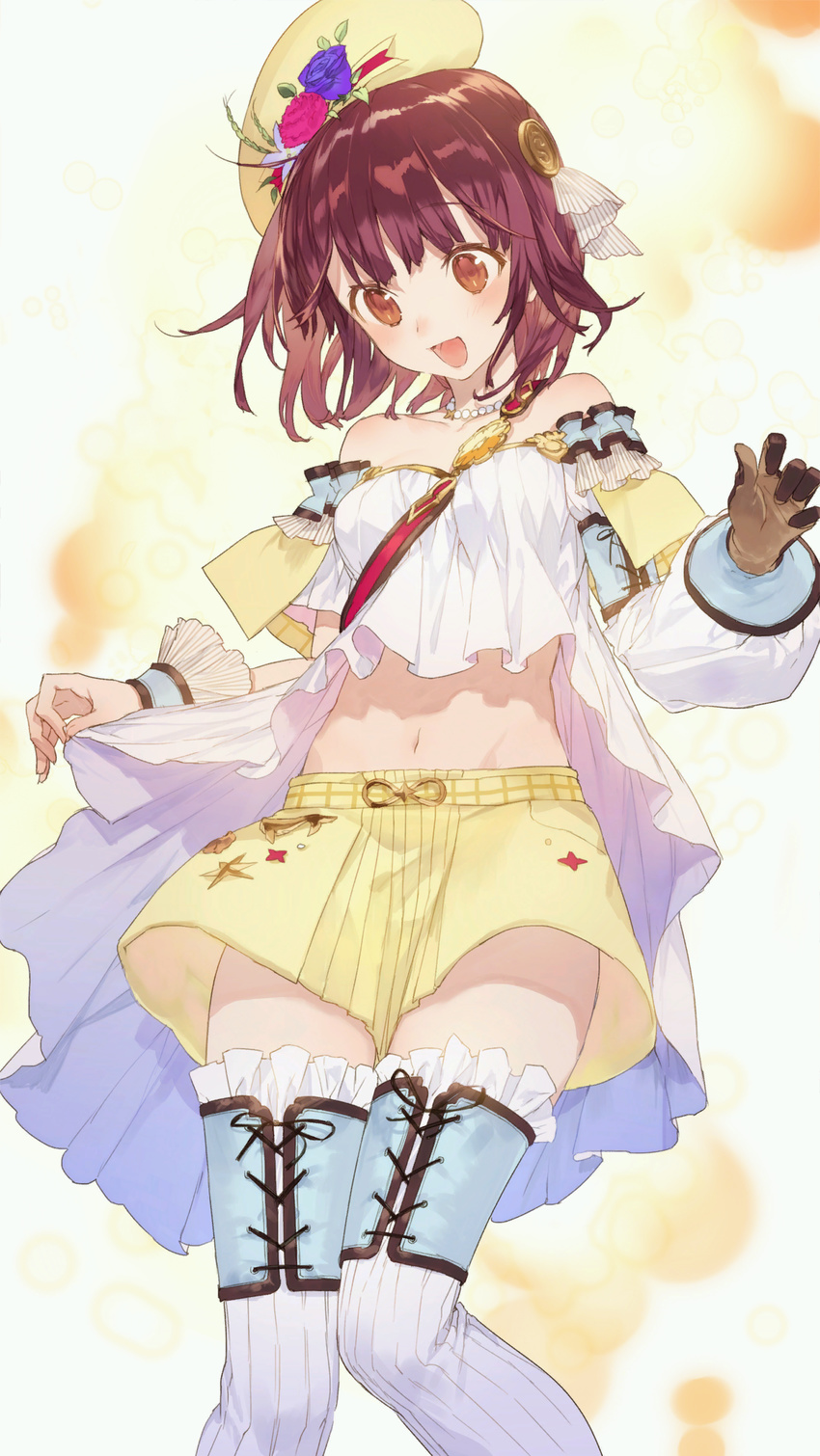 :d atelier_(series) atelier_sophie bare_shoulders blush brown_eyes brown_hair collarbone culottes dress flower game_cg gloves hat highres jewelry navel necklace noco_(adamas) official_art open_mouth short_hair single_glove smile solo sophie_neuenmuller thighhighs wrist_cuffs