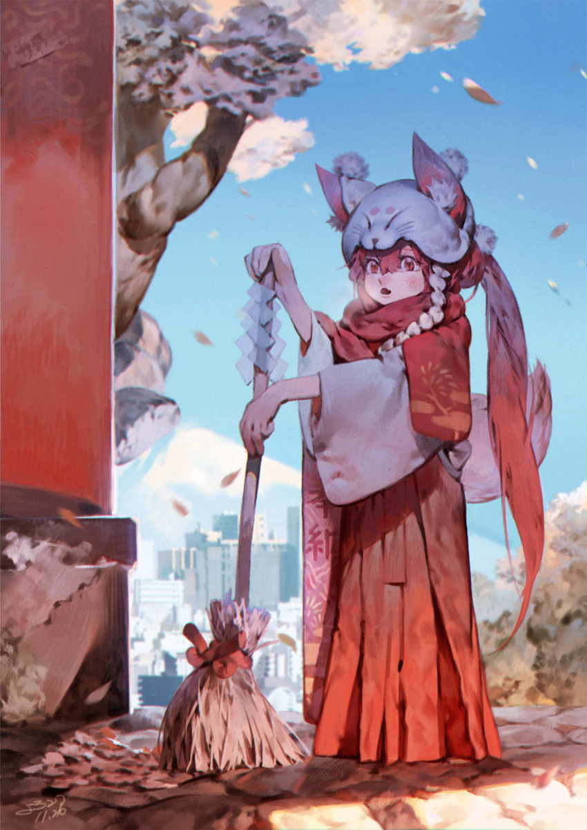 animal_ears animal_hat bamboo_broom blue_sky blush breath broom building city day fox_ears fox_hat fox_tail full_body hair_between_eyes hakama hat highres holding holding_broom japanese_clothes leaf long_hair miko motion_blur mount_fuji open_mouth original outdoors pink_eyes pink_hair pom_pom_(clothes) ponytail red_hakama red_scarf rope scarf shide shimenawa shrine signature sky solo standing sweeping tail transparent tree very_long_hair wide_sleeves yotsuyu