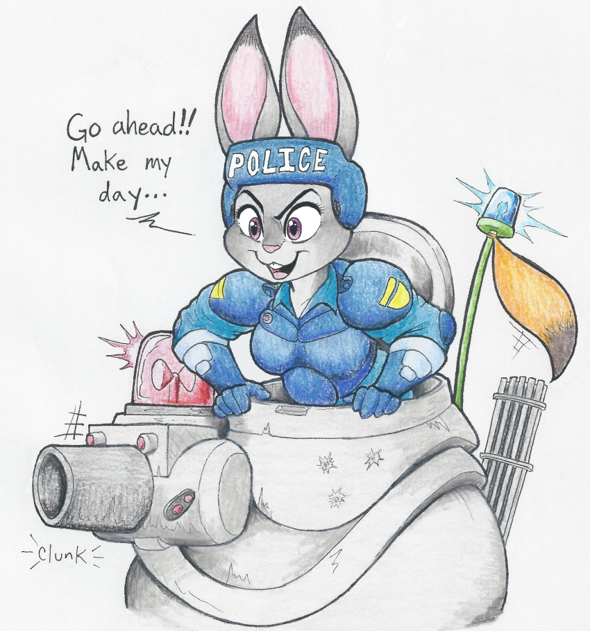 2018 absurd_res anthro armor body_armor breasts buckteeth crossover dialogue dipstick_ears disney dominion_tank_police english_text female flicker-show helmet hi_res judy_hopps lagomorph mammal purple_eyes rabbit simple_background solo tank teeth text traditional_media_(artwork) vehicle zootopia