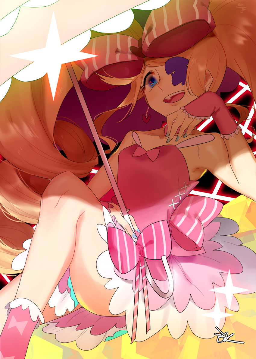 arm bare_arms bare_legs bare_shoulders big_hair blonde_hair blue_eyes bow choker dress drill_hair earrings eyepatch hair_bow hakei harime_nui heart heart_earrings highres holding huge_bow jewelry kill_la_kill legs long_hair nail_polish open_mouth parasol pink_dress ribbon sitting smile solo strapless strapless_dress teeth twintails umbrella very_long_hair