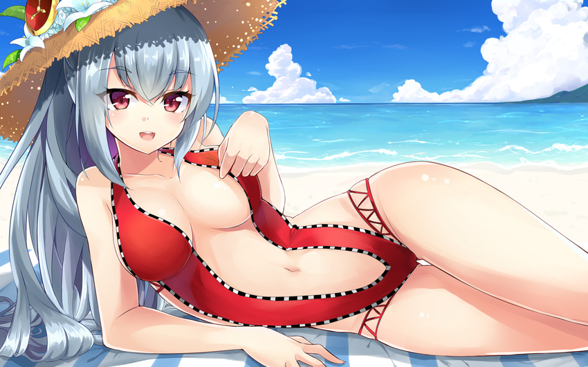 bare_shoulders beach blush breasts center_opening cleavage cloud commentary_request cowboy_shot day hat highres kazami_chiu large_breasts long_hair looking_at_viewer lying navel ocean on_side one-piece_swimsuit open_mouth outdoors puzzle_&amp;_dragons red_eyes red_swimsuit silver_hair sky slingshot_swimsuit smile solo straw_hat sun_hat swimsuit urd_(p&amp;d) very_long_hair water