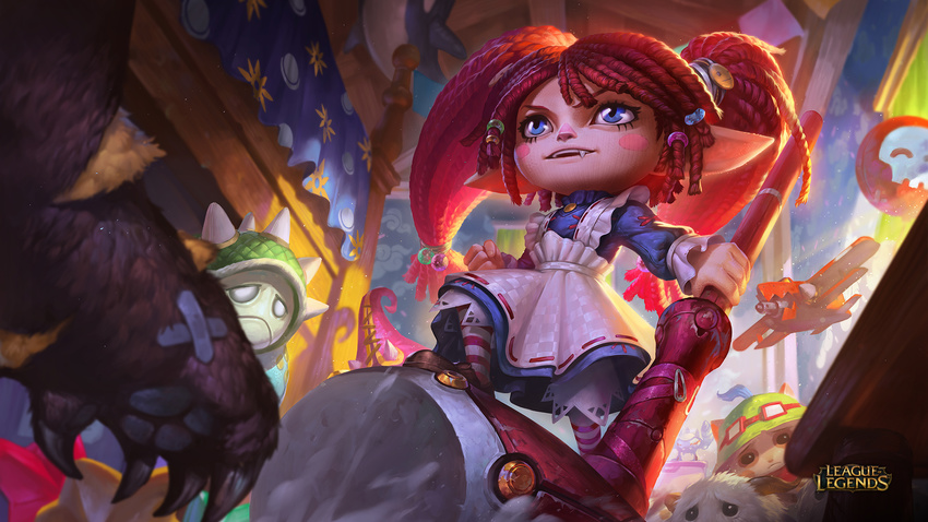 alternate_costume blue_eyes dress fang hammer highres league_of_legends official_art poppy poro_(league_of_legends) ragdoll_poppy rammus red_hair solo teemo twintails