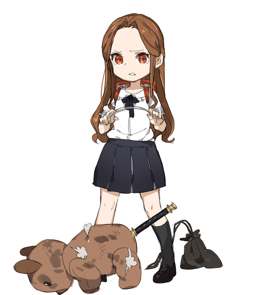 backpack bag brown_eyes brown_hair damaged full_body highres idolmaster idolmaster_cinderella_girls long_hair randoseru ruler school_uniform sidelocks skirt solo spawnfoxy standing stuffed_animal stuffed_toy teddy_bear younger zaizen_tokiko