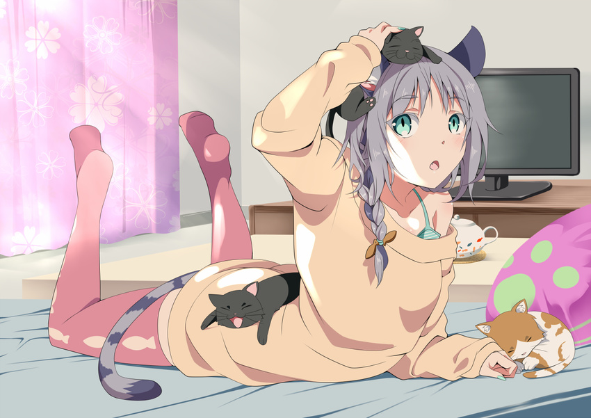 :o animal animal_ears animal_print bare_shoulders black_fur bra cat cat_ears cat_girl cat_tail closed_eyes curtains fang fish_print floral_print green_bra green_eyes indoors kaeru_(ka=l) long_hair long_sleeves looking_up lying off_shoulder on_bed on_stomach original petting red_legwear silver_hair sleeping solo sweater table tail teapot television television_screen thighhighs underwear whiskers yawning zettai_ryouiki