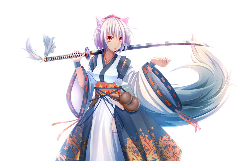 absurdres animal_ears breasts detached_sleeves hat highres inubashiri_momiji japanese_clothes katana kourindou_tengu_costume looking_at_viewer medium_breasts mujina_tanuki obi open_mouth over_shoulder red_eyes sash short_hair silver_hair simple_background solo sword sword_over_shoulder tail tokin_hat touhou weapon weapon_over_shoulder white_background wolf_ears wolf_tail
