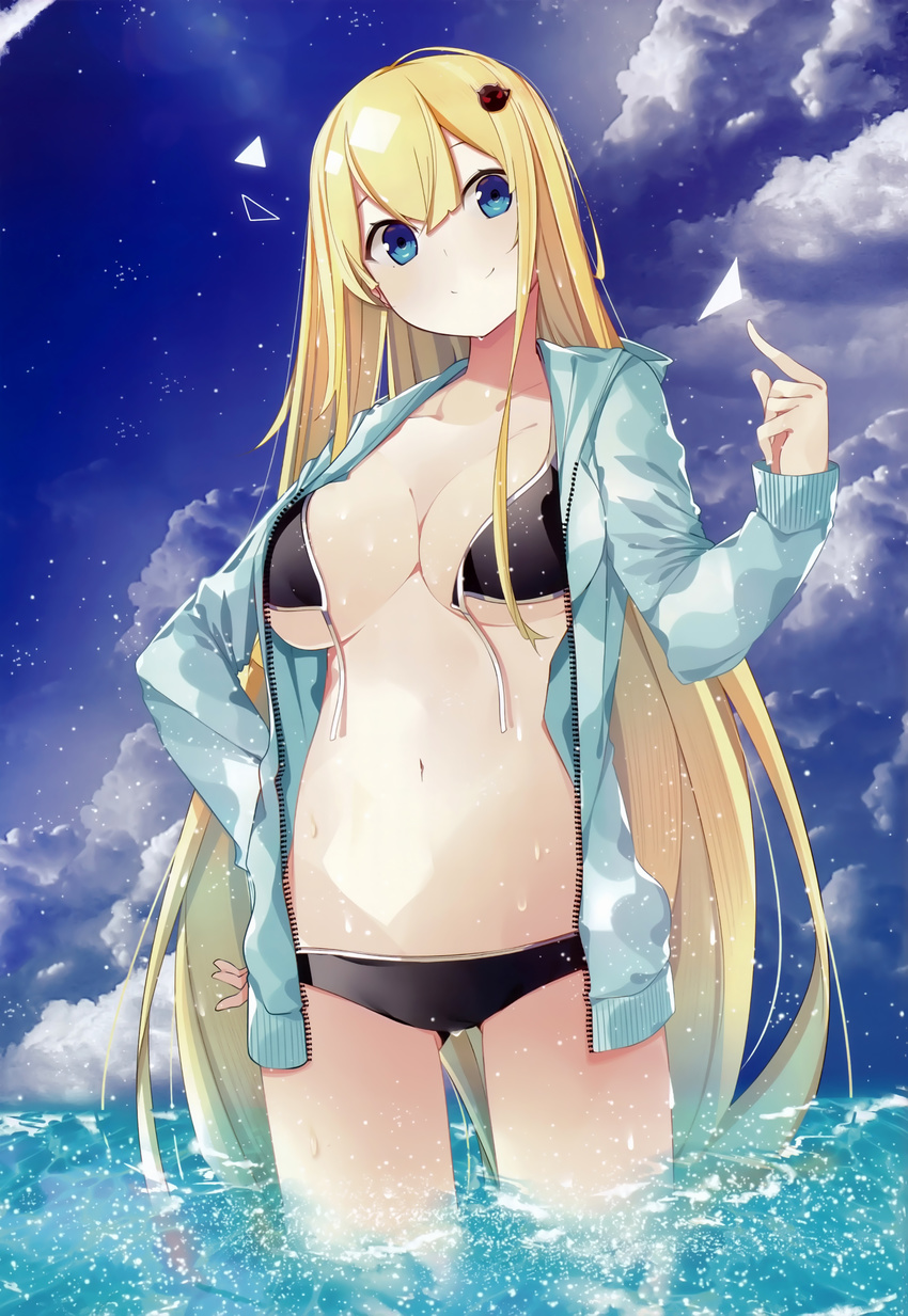 absurdres benio_(dontsugel) bikini black_bikini blonde_hair blue_eyes blue_sky breasts cleavage cloud day front-tie_top hair_ornament hand_on_hip highres hood hooded_jacket jacket large_breasts level_1_rakudai_eiyuu_no_isekai_kouryaku long_hair narumie_beltoise navel ocean open_clothes open_jacket outdoors scan sky smile solo swimsuit untied untied_bikini very_long_hair wading wet