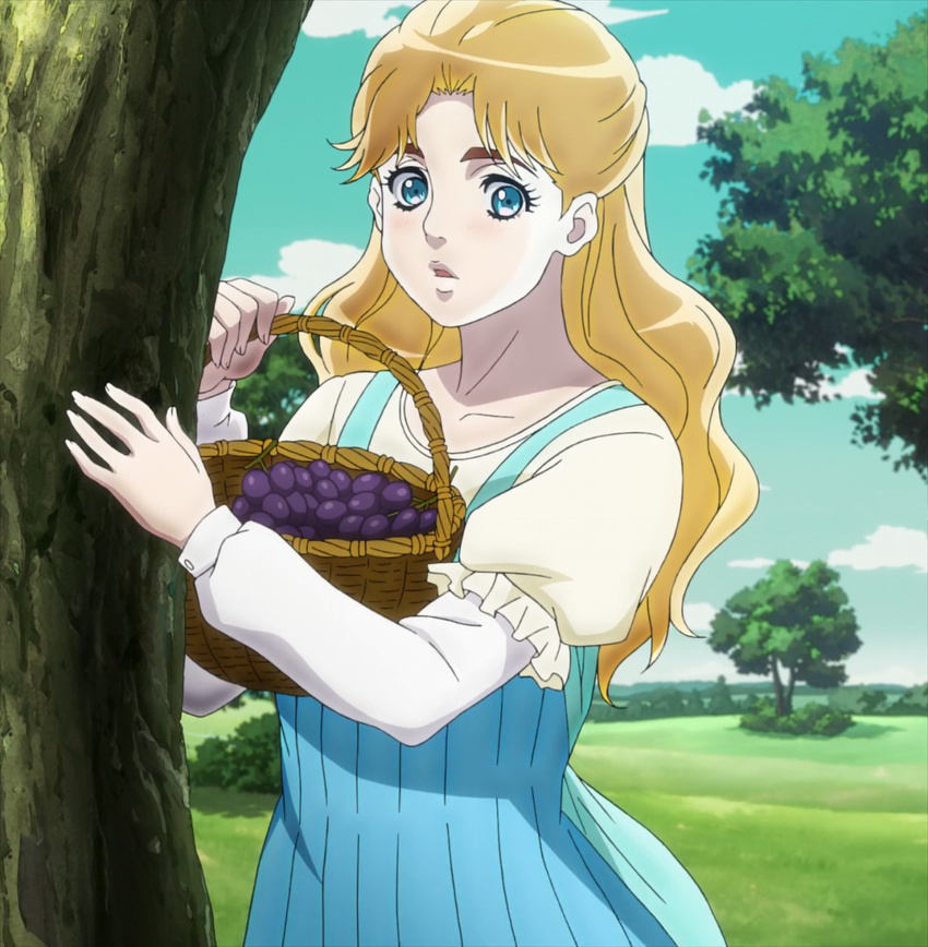 basket blonde_hair blue_dress blue_eyes blurry cloud day depth_of_field dress erina_pendleton food fruit grapes highres holding jojo_no_kimyou_na_bouken non-web_source phantom_blood screencap sky solo tree