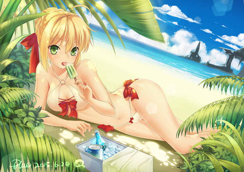 ahoge artist_name bare_arms beach bikini blonde_hair blue_(bluelot) blush bottle bow box breasts can cleavage collarbone dated day dutch_angle eating fate/extra fate_(series) food front-tie_top green_eyes hair_between_eyes hair_bow horizon ice ice_cream ice_cube licking light_rays looking_at_viewer lying medium_breasts midriff navel nero_claudius_(fate) nero_claudius_(fate)_(all) o-ring o-ring_top ocean on_side open_mouth outdoors palm_tree plant popsicle red_bow rock sand short_hair side-tie_bikini soda_can solo stomach sunlight swimsuit tongue tongue_out tree water white_bikini