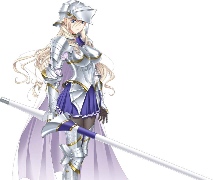 armor armored_boots black_legwear blonde_hair blue_eyes blue_skirt boots celia_kumani_entory drill_hair gauntlets helmet holding holding_weapon long_hair looking_at_viewer pantyhose pleated_skirt polearm shoulder_armor skirt solo spaulders spear transparent_background walkure_romanze weapon