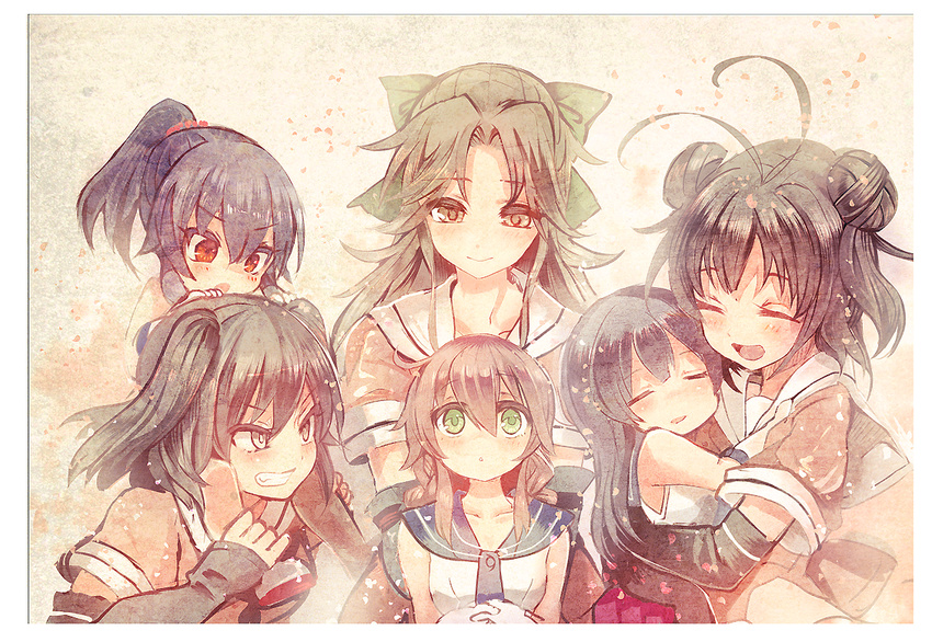 agano_(kantai_collection) ahoge antenna_hair bad_id bad_pixiv_id black_hair braid brown_eyes brown_hair carrying cis_(carcharias) closed_eyes commentary_request double_bun elbow_gloves gloves green_eyes grin hair_intakes half_updo hands_on_another's_head hug jintsuu_(kantai_collection) kantai_collection long_hair multiple_girls naka_(kantai_collection) noshiro_(kantai_collection) open_mouth ponytail red_eyes school_uniform scrunchie sendai_(kantai_collection) serafuku short_hair shoulder_carry sleeping smile twin_braids two_side_up uniform white_gloves yahagi_(kantai_collection) younger