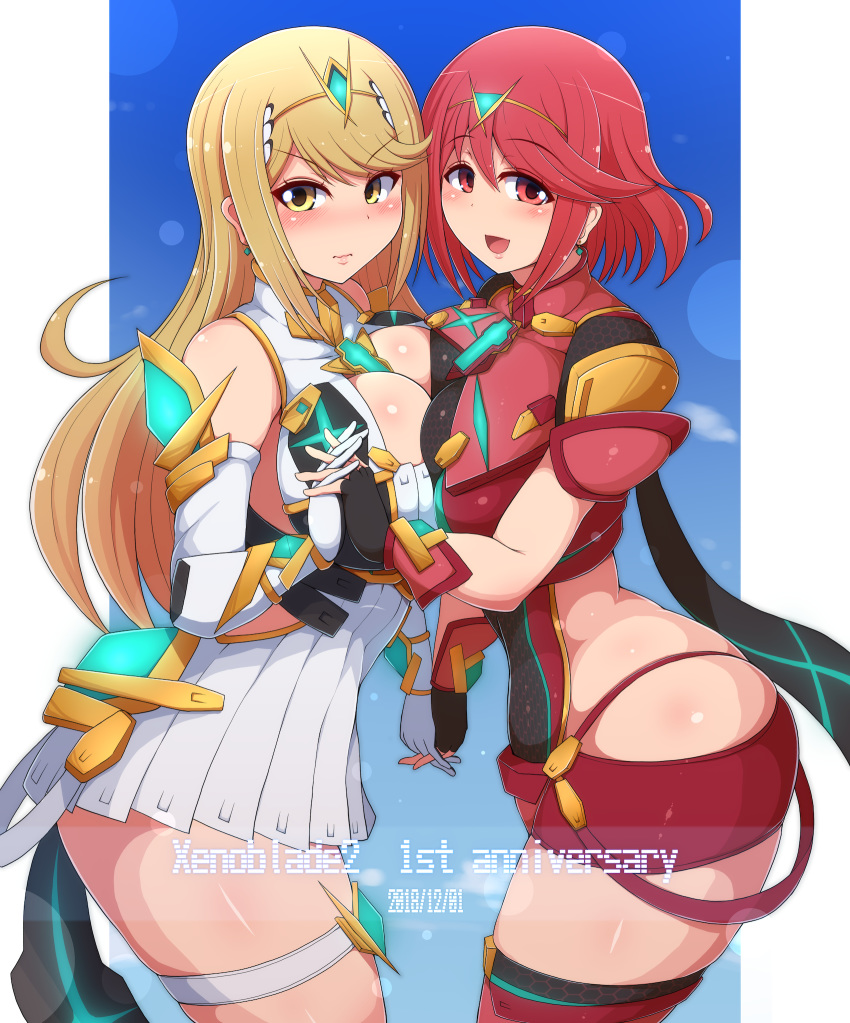 anniversary bare_shoulders blonde_hair breast_press breasts circlet cleavage commentary_request earrings elbow_gloves fingerless_gloves gloves highres hikari_(xenoblade_2) homura_(xenoblade_2) jewelry large_breasts long_hair nintendo ponpo red_eyes red_hair short_hair skindentation symmetrical_docking thick_thighs thigh_strap thighs xenoblade xenoblade_(series) xenoblade_2 yellow_eyes