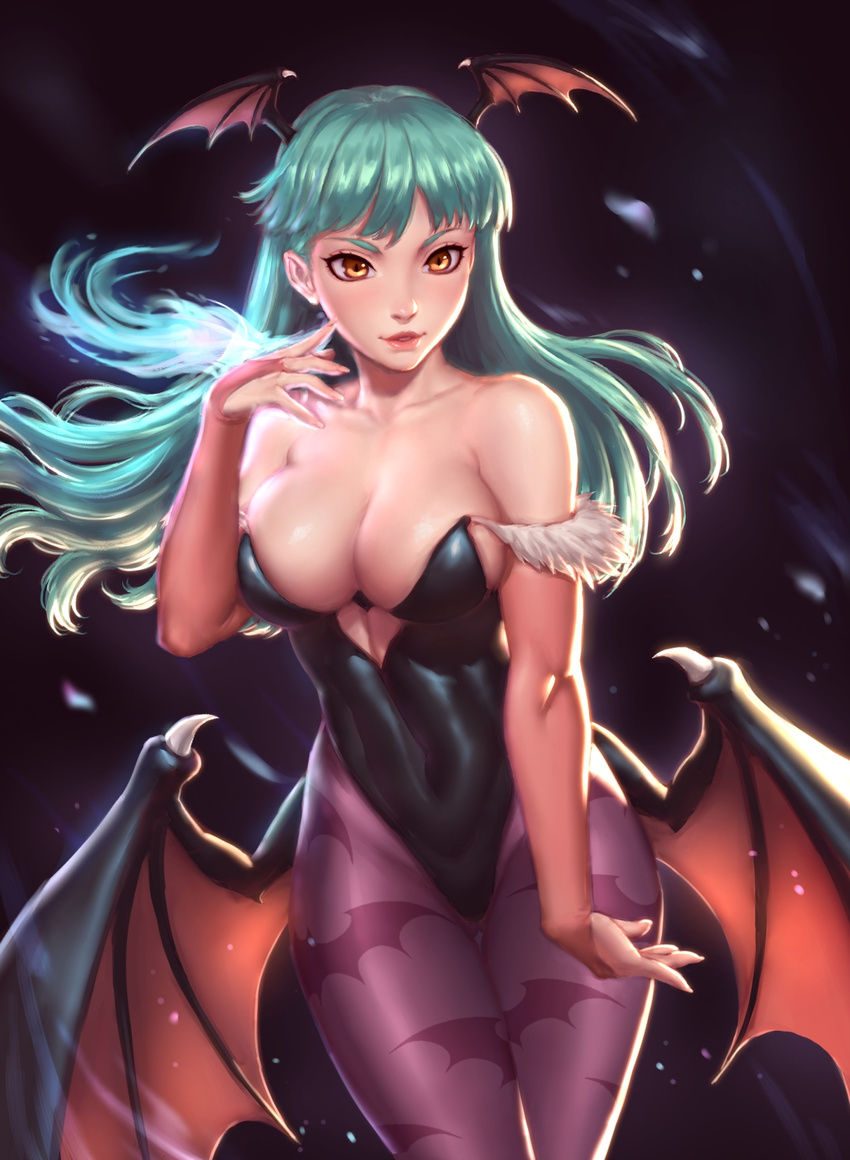 animal_print bangs bare_shoulders bat_print bat_wings blunt_bangs blush breasts bridal_gauntlets brown_eyes cleavage collarbone covered_navel demon_girl floating_hair green_hair head_wings heart_cutout highres large_breasts leotard lips long_hair looking_at_viewer morrigan_aensland pantyhose parted_lips print_legwear purple_legwear purple_wings seeker_(shzyu) skin_tight smile solo standing succubus vampire_(game) very_long_hair wings