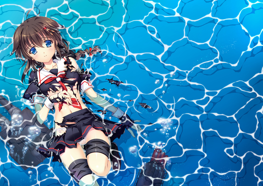 afloat ahoge ankoromochi blue_eyes blush braid breasts brown_hair bubble cannon fingerless_gloves gloves hair_flaps hair_ornament hair_ribbon kantai_collection long_hair looking_at_viewer midriff navel nipples partially_submerged remodel_(kantai_collection) ribbon school_uniform serafuku shigure_(kantai_collection) shiny shiny_skin shirt single_braid skirt small_breasts smile solo thigh_gap torn_clothes torn_gloves torn_shirt torn_skirt torpedo turret underboob underwear water