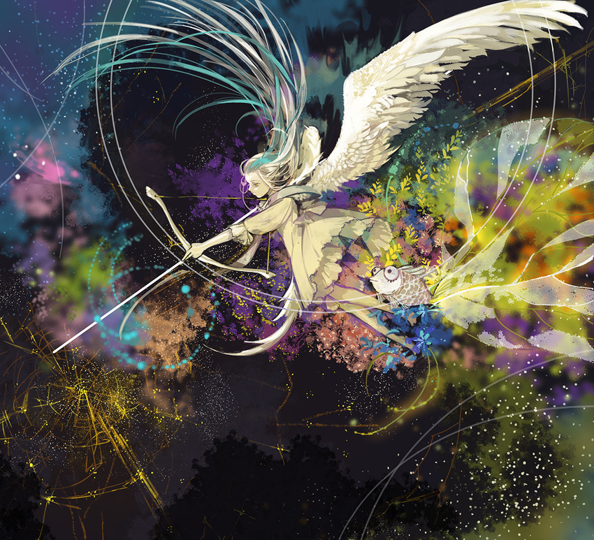 absurdly_long_hair aiming aqua_hair bad_id bad_pixiv_id barefoot bow_(weapon) city city_lights drawing_bow dress feathered_wings fish flower flying from_above from_side hair_slicked_back lily_fairy long_hair multicolored_hair original pointy_ears silver_hair solo very_long_hair weapon white_dress white_hair white_wings wings