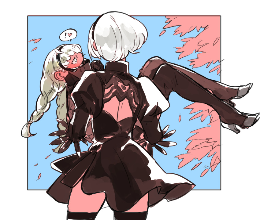 ! 2girls absurdres back_cutout black_dress black_gloves blush braid carrying dress feather-trimmed_sleeves from_behind gloves hairband heart highres kohiu looking_at_another low_twintails multiple_girls nier_(series) nier_automata operator_6o princess_carry puffy_sleeves short_hair silver_hair spoken_exclamation_mark spoken_heart thighhighs tree twin_braids twintails veil yorha_no._2_type_b yuri