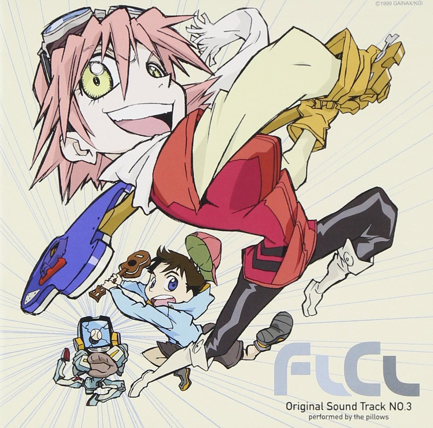 1girl album_cover backwards_hat baseball baseball_cap baseball_mitt bass_guitar blue_eyes boots broken_glass canti copyright_name cover flcl glass gloves goggles goggles_on_head guitar haruhara_haruko hat hood hoodie imaishi_hiroyuki instrument nandaba_naota pink_hair rickenbacker robot scarf shorts speed_lines yellow_eyes