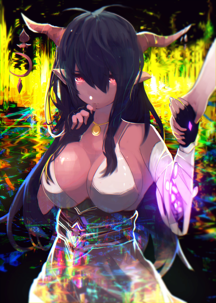 absurdres antenna_hair bandaged_arm bandages bangs biting black_gloves black_hair breasts cleavage crescent danua draph dress fingerless_gloves gloves glowing glowing_eyes granblue_fantasy hair_between_eyes highres holding_hands horn_ornament horns jewelry large_breasts long_hair looking_at_viewer necklace out_of_frame pointy_ears red_eyes sleeveless sleeveless_dress solo_focus tarbo_(exxxpiation) thumb_biting white_dress