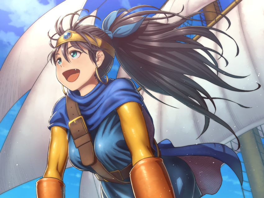 black_hair blue_eyes blush breasts chiaki_rakutarou circlet cosplay day dragon_quest dragon_quest_iii earrings fang ganaha_hibiki gloves highres hoop_earrings idolmaster idolmaster_(classic) jewelry large_breasts long_hair open_mouth ponytail roto roto_(cosplay) ship sky smile solo watercraft