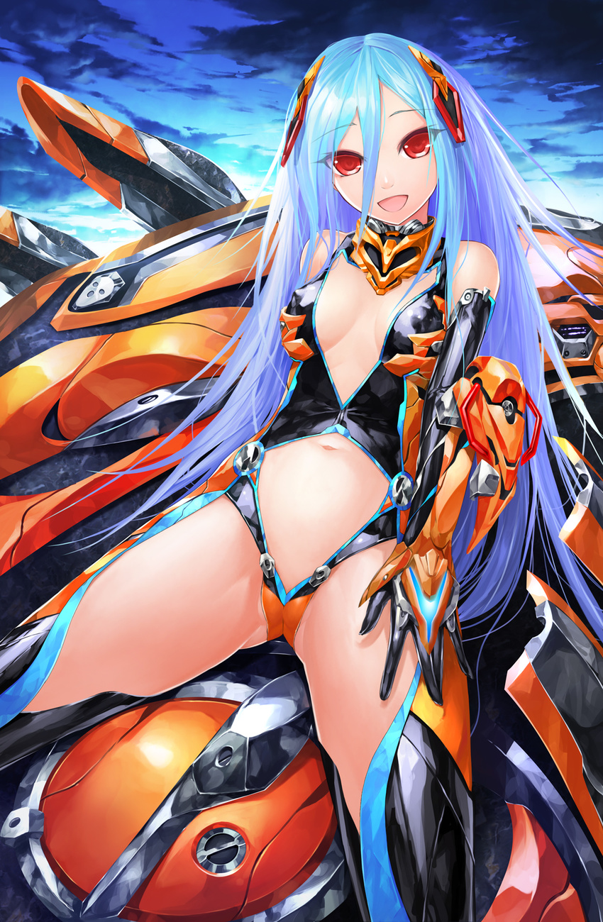 :d bad_id bad_pixiv_id bare_shoulders blue_hair blue_sky bodysuit cleavage_cutout cloud eyebrows eyebrows_visible_through_hair eyes_visible_through_hair gloves hair_between_eyes hand_on_own_thigh highres leaning_back long_hair looking_at_viewer mecha_musume navel navel_cutout open_mouth original outdoors red_eyes science_fiction sitting sky smile solo solru spread_legs very_long_hair