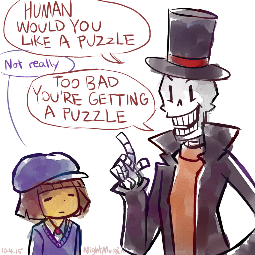 androgynous brown_hair cosplay english flat_cap frisk_(undertale) hat hershel_layton hershel_layton_(cosplay) highres luke_triton luke_triton_(cosplay) night_(nightmargin) papyrus_(undertale) professor_layton skeleton top_hat undertale