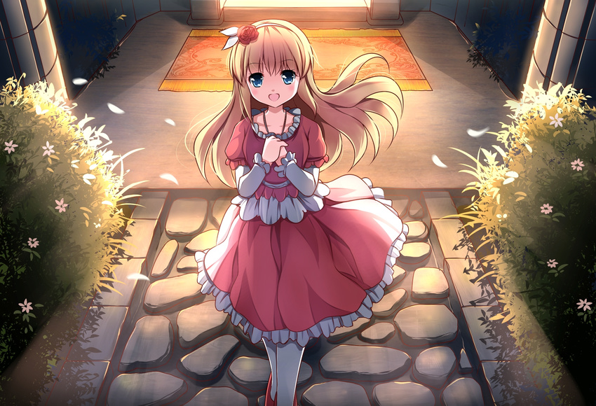 blonde_hair blue_eyes commentary_request door dress flower hair_flower hair_ornament highres long_hair long_sleeves looking_at_viewer open_mouth original puffy_short_sleeves puffy_sleeves red_dress risutaru short_over_long_sleeves short_sleeves smile solo