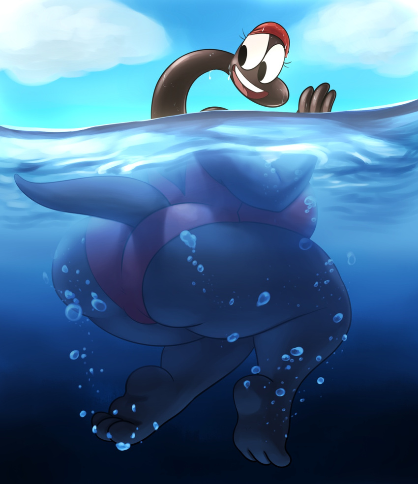 anthro big_breasts big_butt breasts butt chubby clothing cloud dinosaur female looking_back molly_collins open_mouth sauropod scalie smile solo swimming swimsuit the_amazing_world_of_gumball thingshappen water