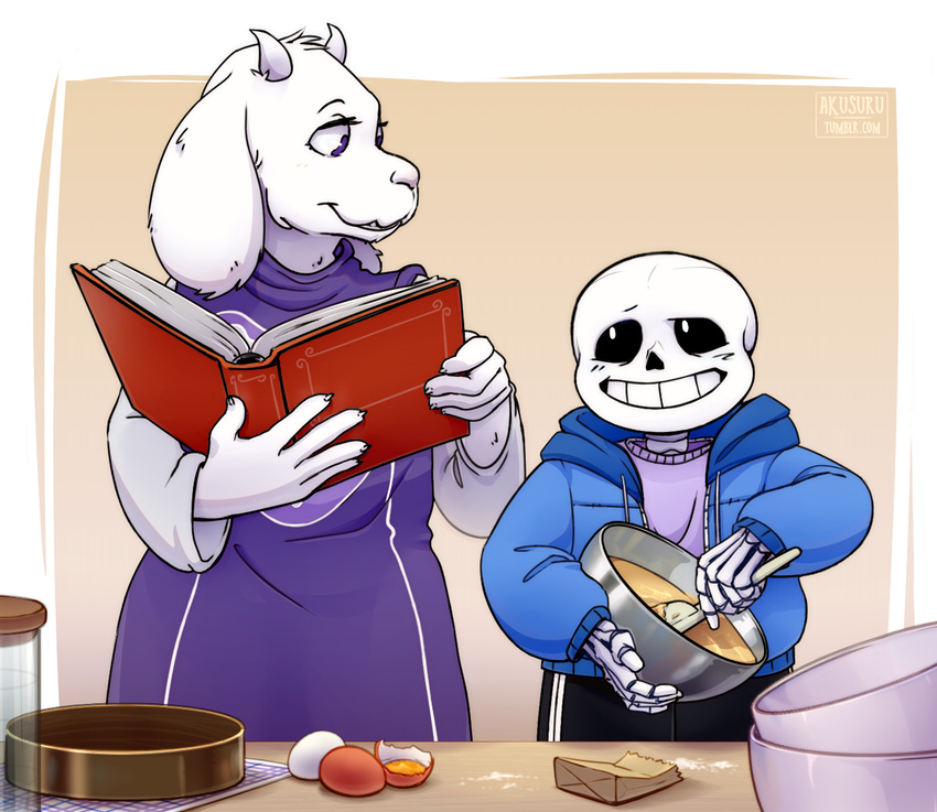 akusuru bag baking bone book boss_monster caprine clothing duo egg female horn jacket male mammal pants robe sans_(undertale) skeleton smile toriel undertale video_games