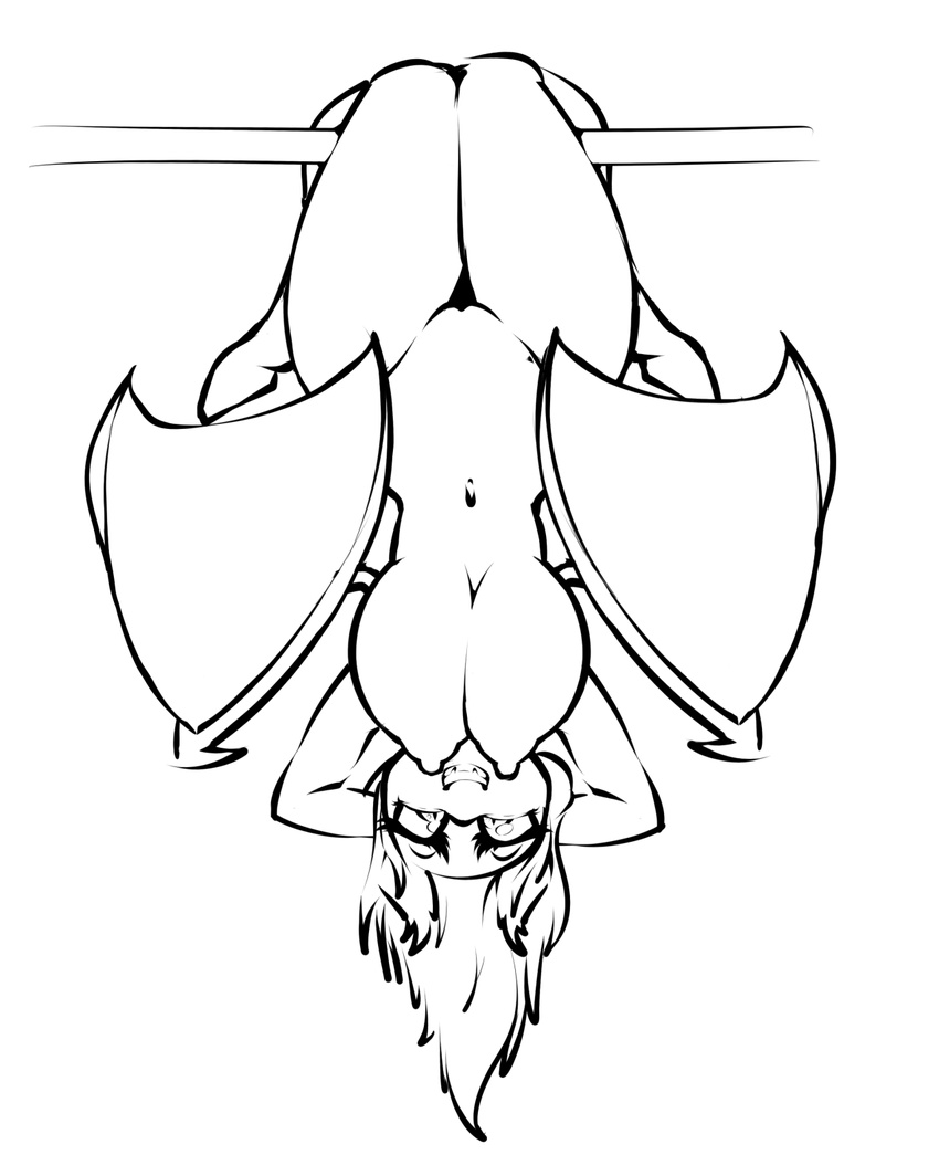 2015 anthro anthrofied bat_pony black_and_white breasts equine flutterbat_(mlp) fluttershy_(mlp) friendship_is_magic grispinne hair hands_behind_head hi_res looking_at_viewer mammal monochrome my_little_pony navel nude pussy solo upside_down wings